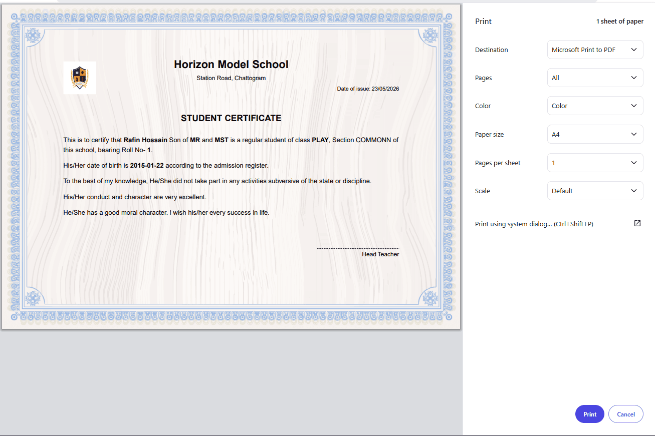 Promotion certificate